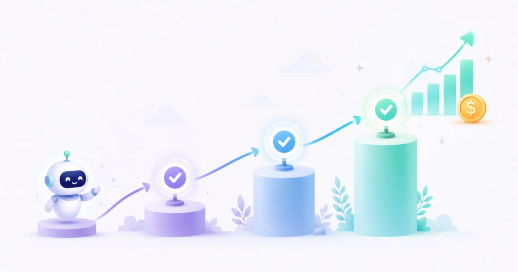 Rising three step ROI journey of an AI sales agent climbing toward a growth graph over the first 90 days.