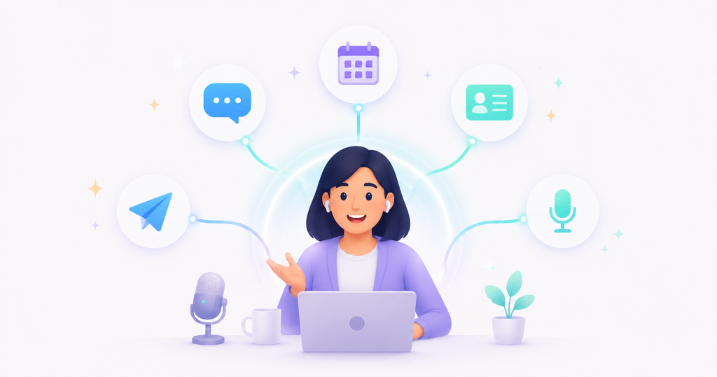 A solo coach at the center supported by a small circle of connected AI sales tool icons including chat, calendar, CRM, email, and call notes.
