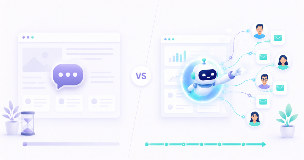 AI sales agent vs chatbot comparison showing reactive support versus proactive selling
