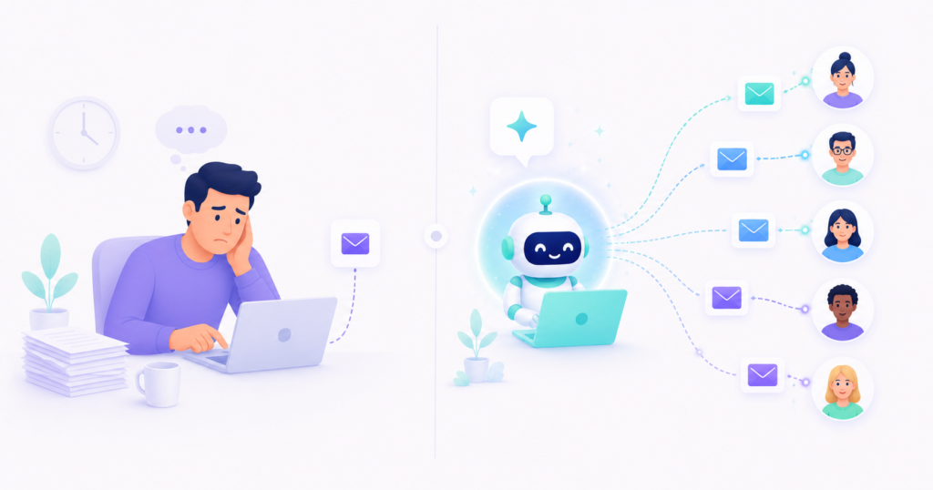 Split screen showing one person sending a single cold email versus an AI agent sending many personalized emails to different prospects at scale.