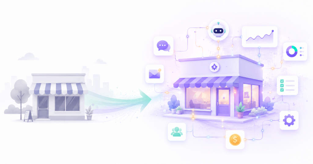 How AI is changing small business shown as a small shop transforming into a modern connected operation